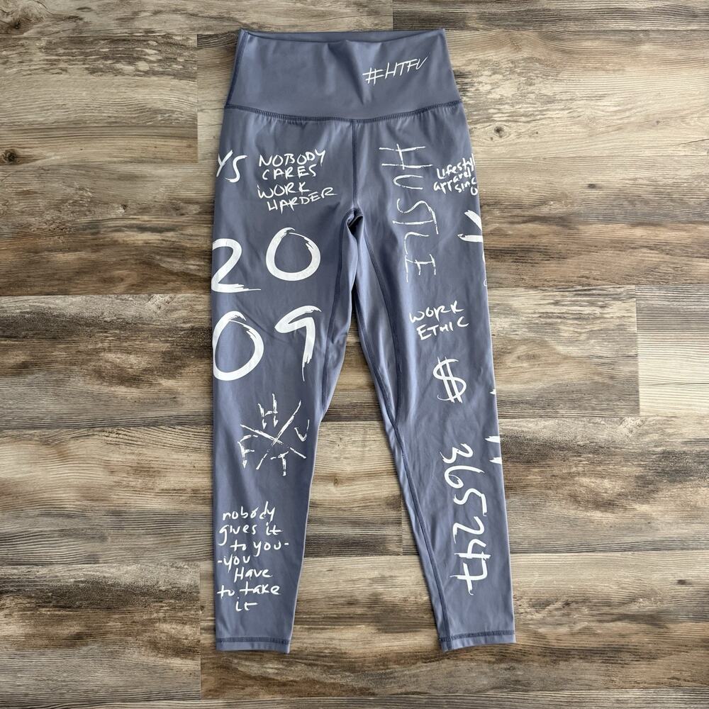 HTFU Graffiti Print High-Rise Leggings Women’s Medium – Gray Motivational